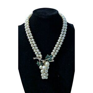 Vintage Double Strand Faux Pearl Necklace With Grapevine Pendant